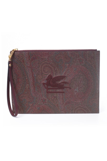 Shop ETRO  Borsa: Etro pouch maxi, realizzata nell'iconico tessuto Paisley jacquard e caratterizzata dal logo ETRO Pegaso ricamato a filo dall'effetto tridimensionale. Laccio da polso removibile.
Dimensioni: 32 x 24 cm.
Esterno: Tessuto di cotone Paisley jacquard spalmato con grana opaca e doppiato in tela.
Finiture: 100% pelle di vitello.
Interno: 100% poliestere.
Chiusura con cerniera.
Tasca interna applicata.
Laccio da polso removibile altezza (luce) 18 cm.
Accessori metallici con finitura dorata.
Made in Italy.. 1P039 7567-0600